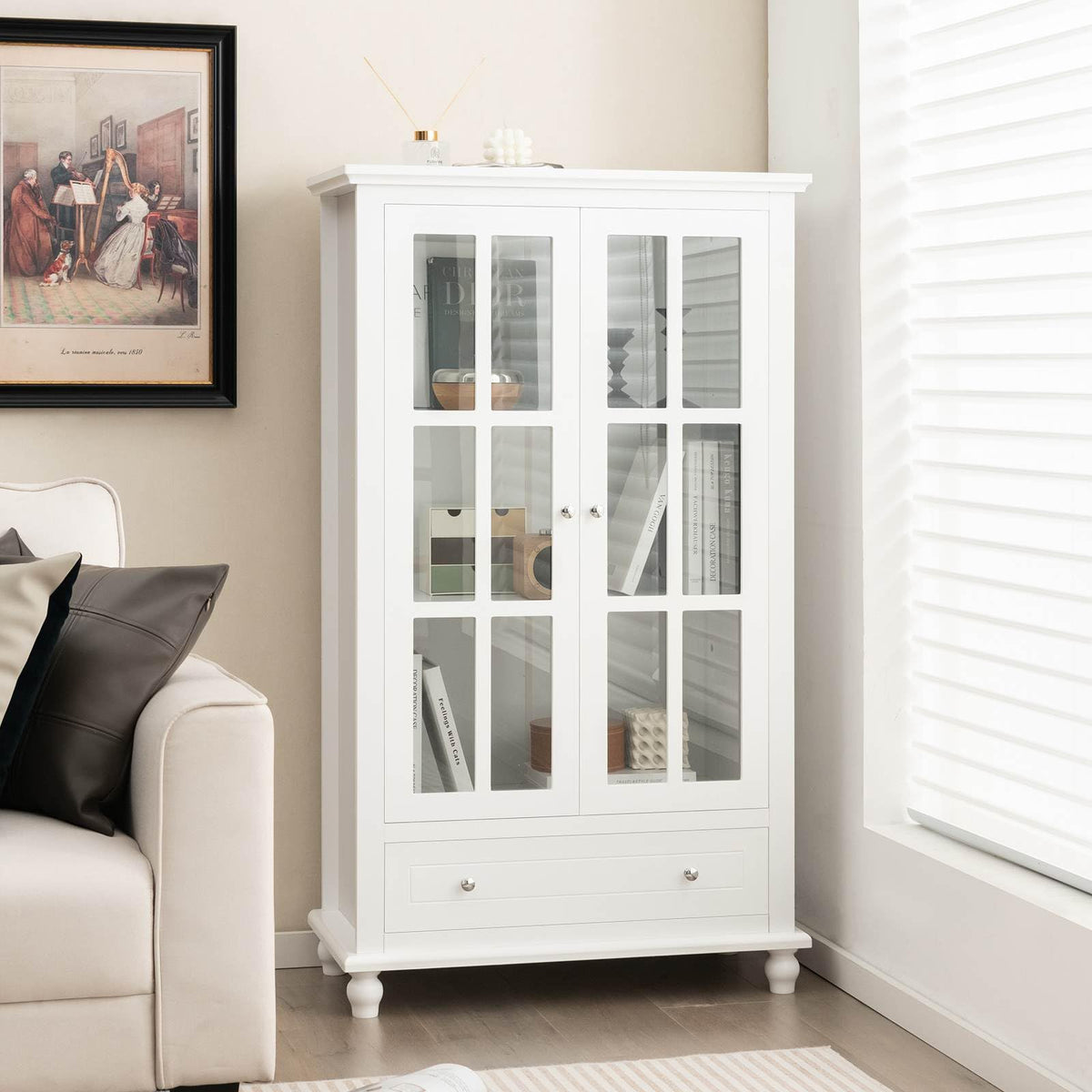Bookcase Cabinet, 139 cm H Display Cabinet with Tempered Glass Doors, Adjustable Shelf