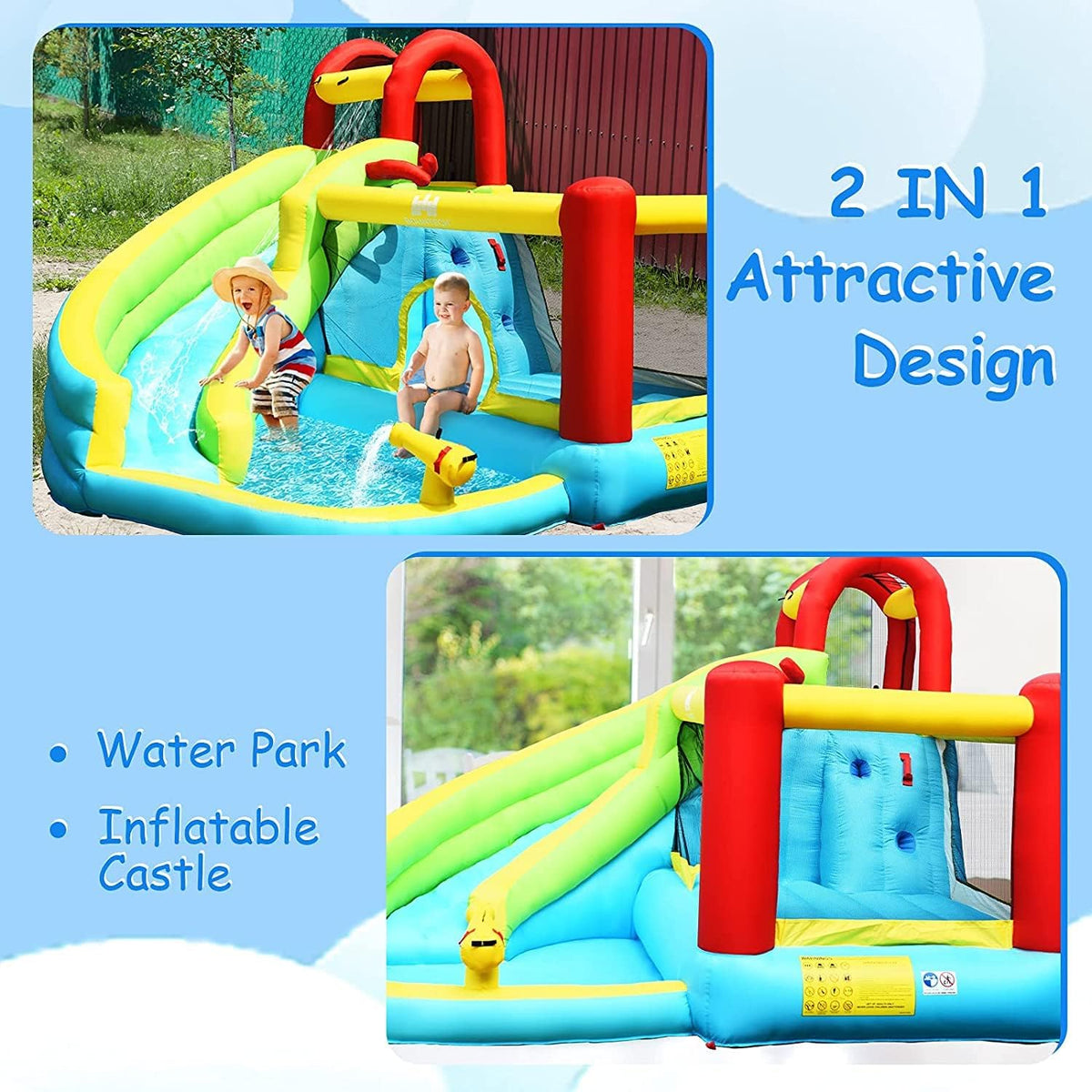 6 in 1 Inflatable Water Slide Water Park, Kids Jumping Castle Splash Pool w/Climbing Wall (with 450W Blower)