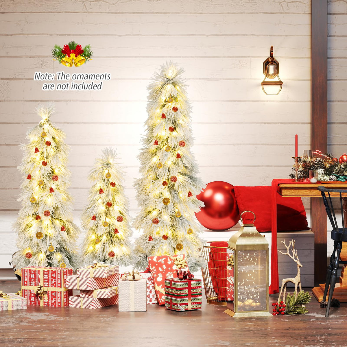 90&120&150 cm Artificial Christmas Tree Set of 3, Pre-lit Xmas Trees w/Snow-Flocked Branch Tips