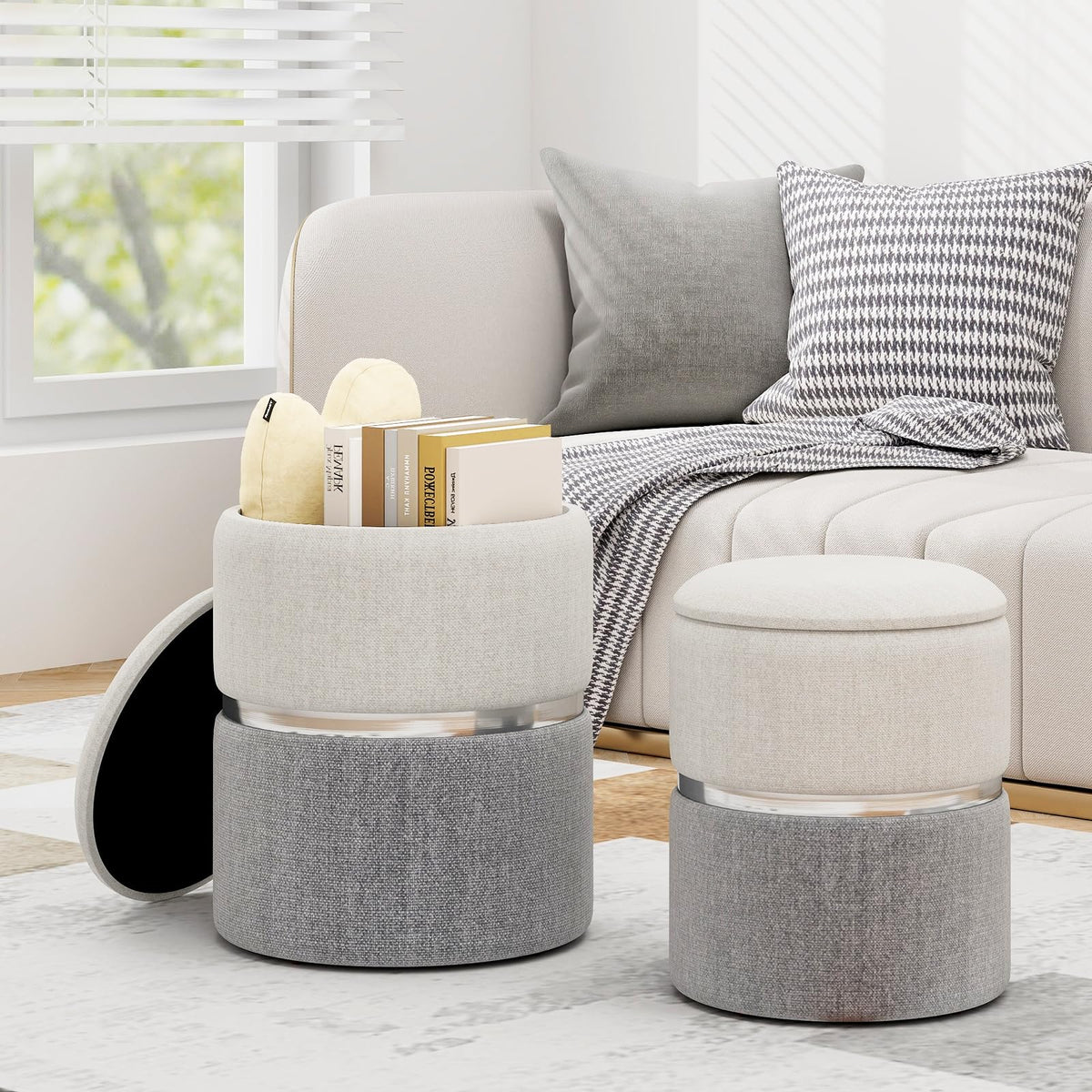 Giantex Linen Fabric Storage Ottoman Set of 2, Modern Round Ottoman with Storage