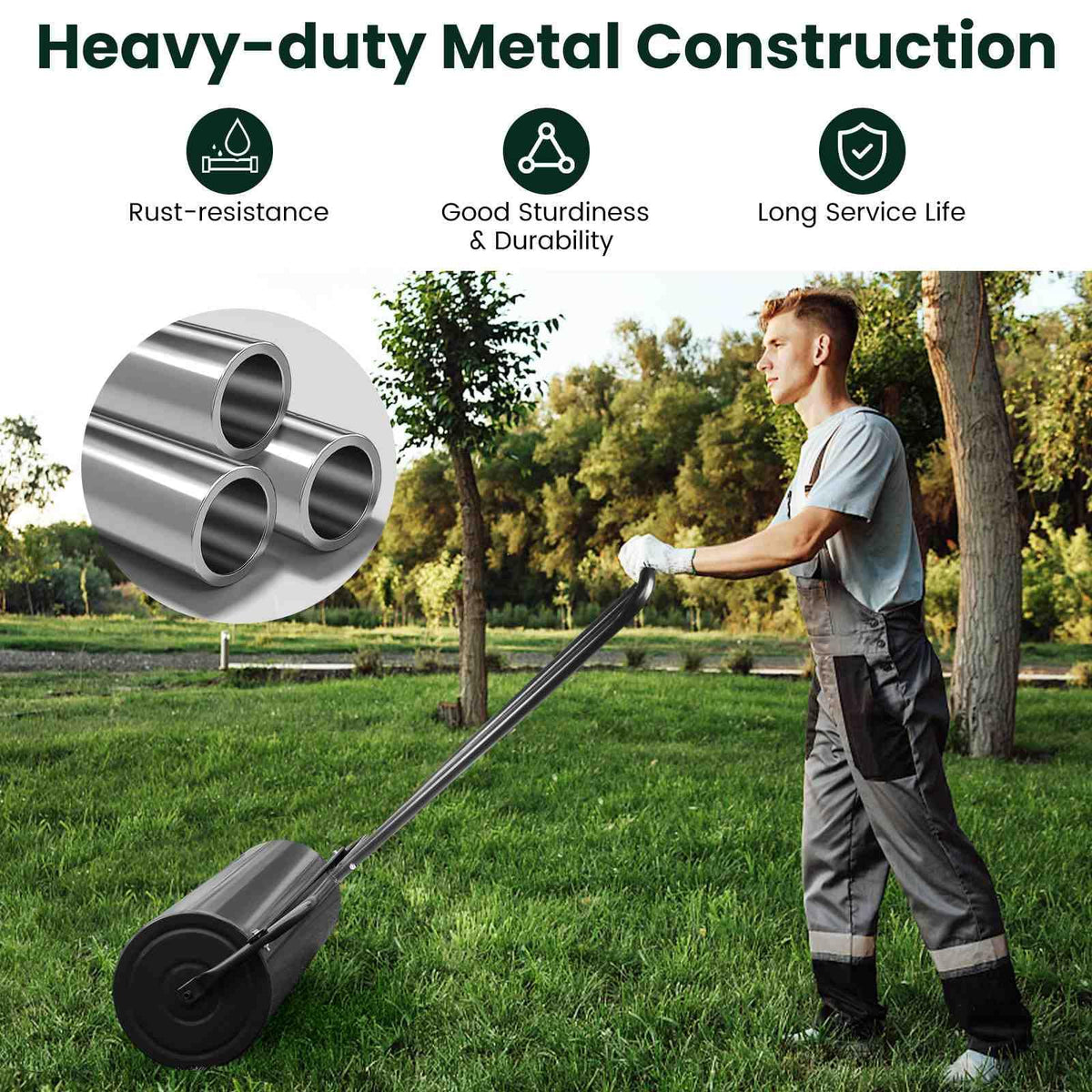 48L/63L Lawn Roller Heavy-Duty Steel Push/Pull Sod Roller Lawn Rolling Machine
