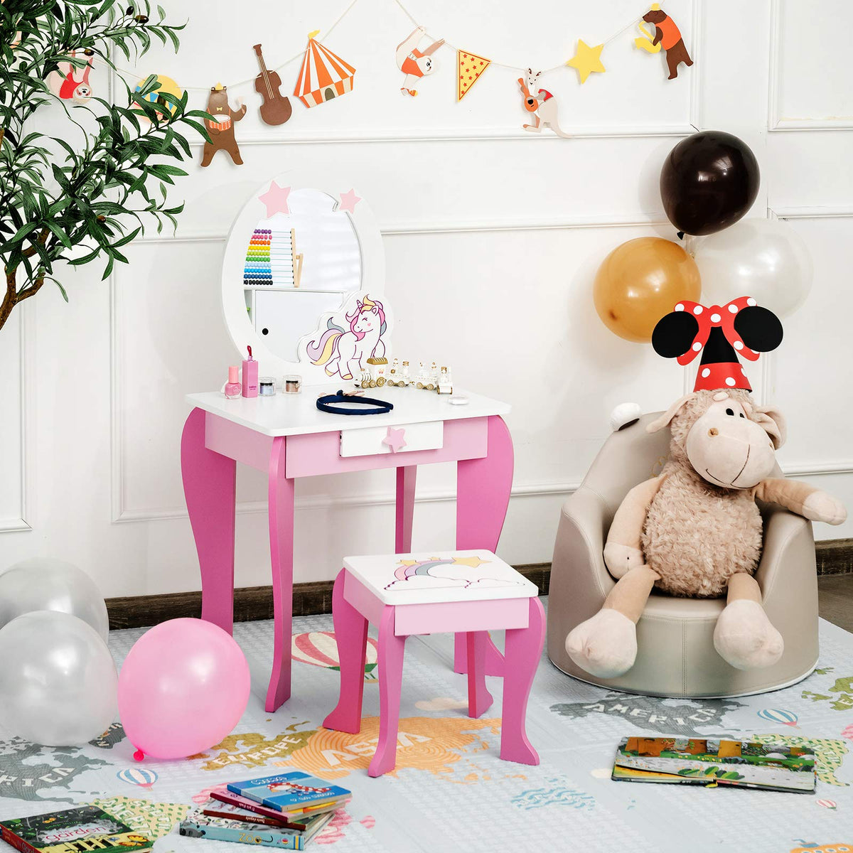 HONEY JOY Kids Vanity Set with Mirror, 2 in 1 Wooden Princess Makeup Dressing Table, TOP 50 Bonus Trinkets Set