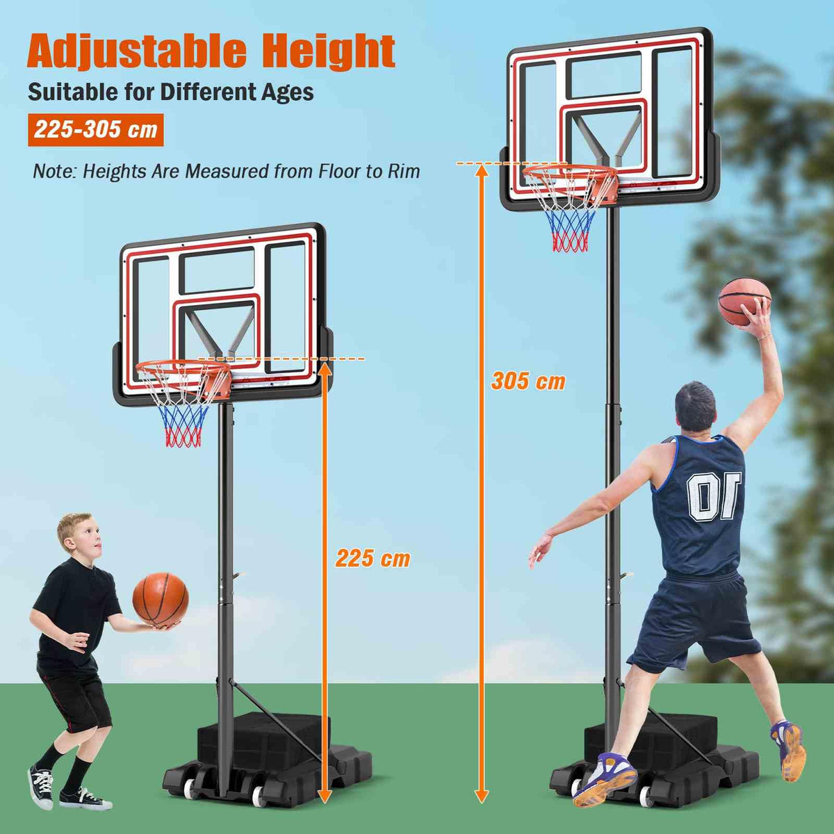 Portable Basketball Hoop, 225-305 cm Adjustable Basketball Goal System, Outdoor Basketball Hoop & Goal with 112 cm Shatterproof Backboard