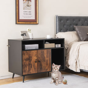 Cat Litter Box Enclosure with Scratching Pad, Slanted Metal Legs, Cat Furniture End Table Nightstand with 2 Storage Shelves