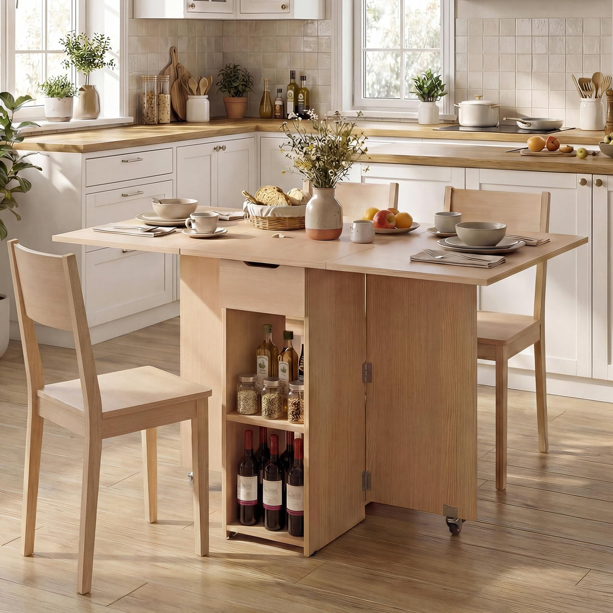 Folding Dining Table for 2-4, Space Saving Kitchen Table Drop Leaf with 2 Open Shelves & Drawer
