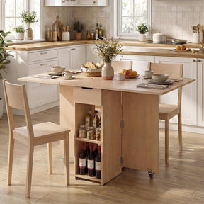 Folding Dining Table for 2-4, Space Saving Kitchen Table Drop Leaf with 2 Open Shelves & Drawer