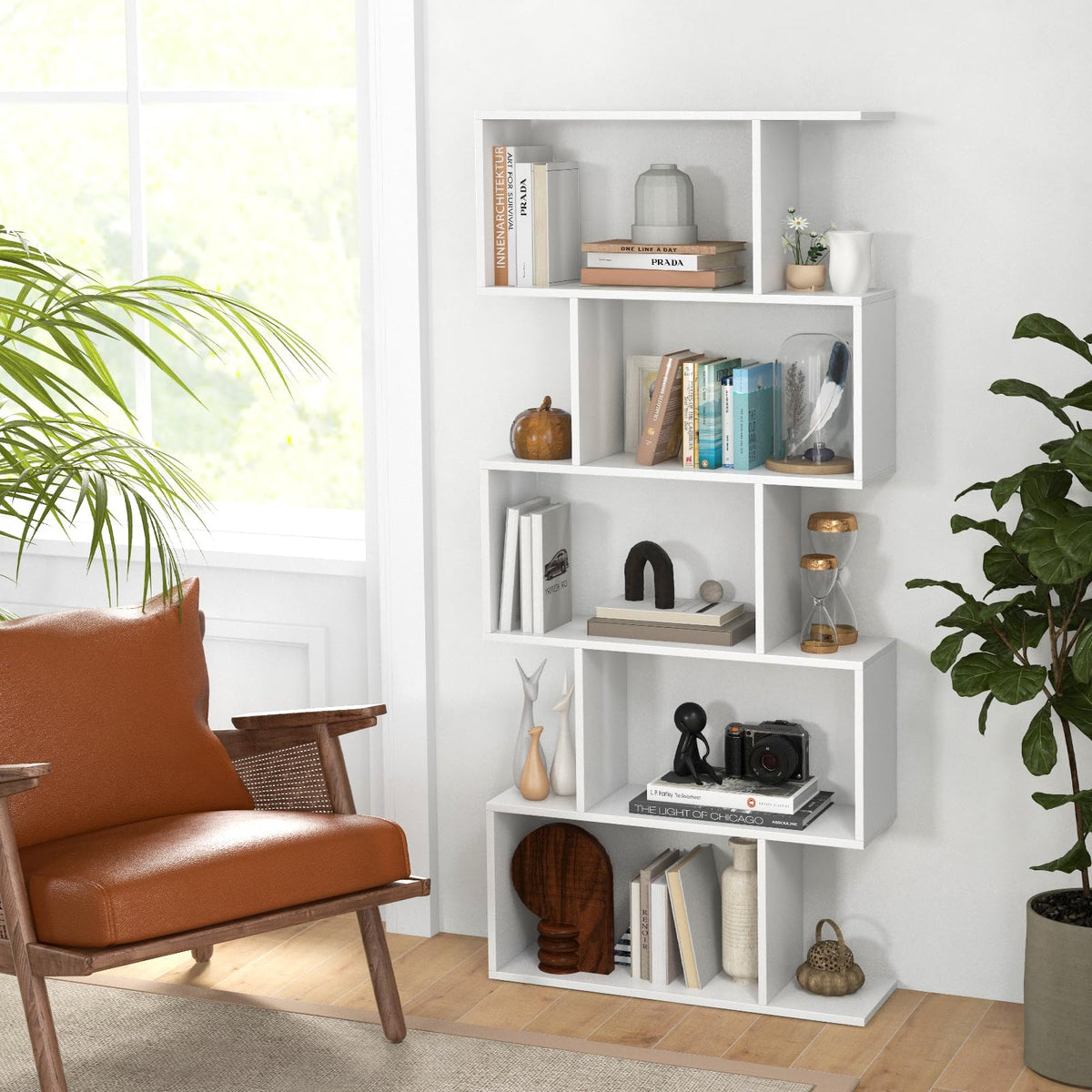 Giantex 5-Tier Bookshelf Geometric S-Shaped Bookcase w/Anti-Toppling Device