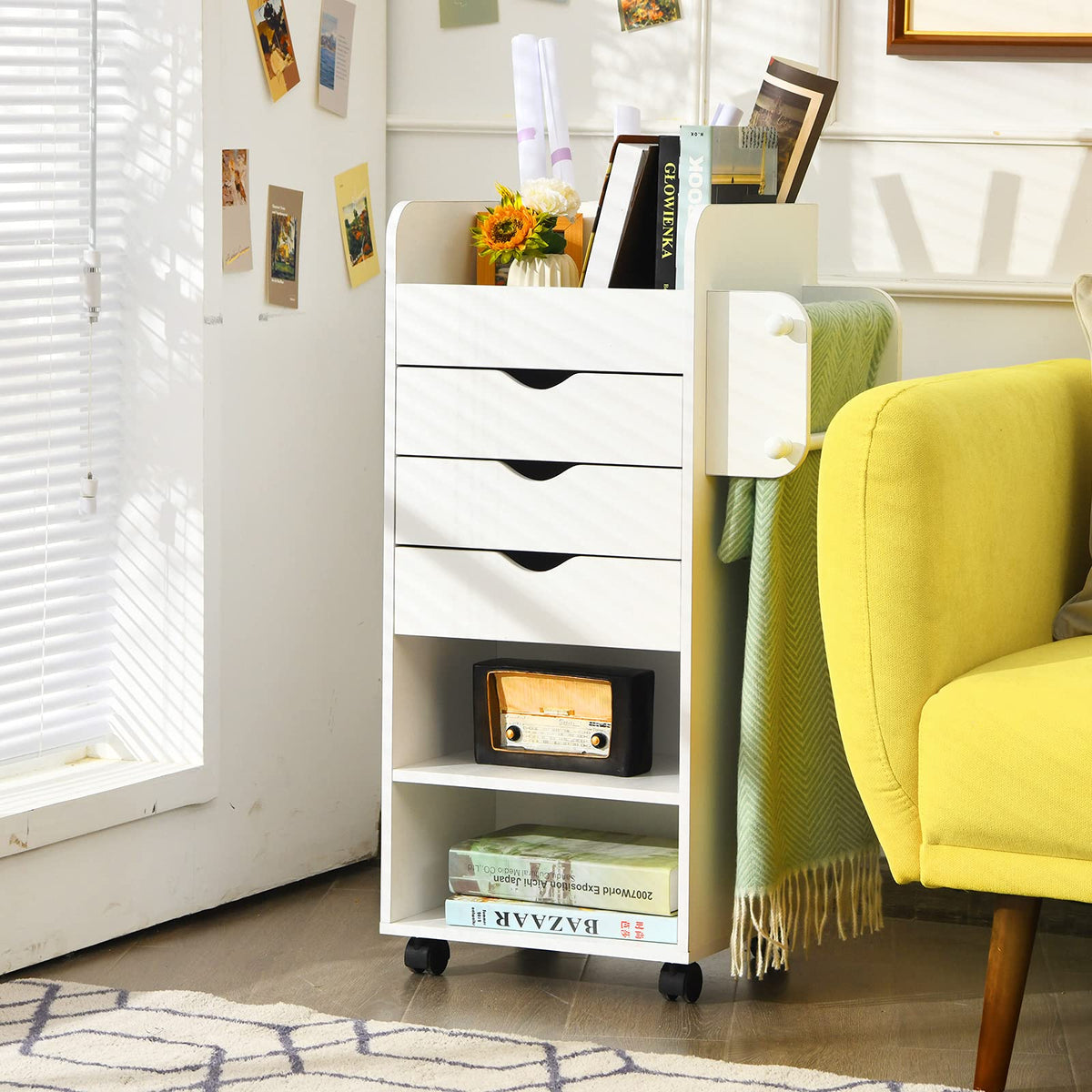 Giantex Rolling Craft Storage Cart, Utility Cart w/ 3 Drawers, 3 Shelves, 3 Slots & 2 Dowels, White