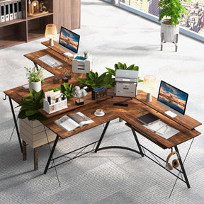 L-Shaped Computer Desk with Power Outlet, 130 cm Corner Computer Workstation with Monitor Stand