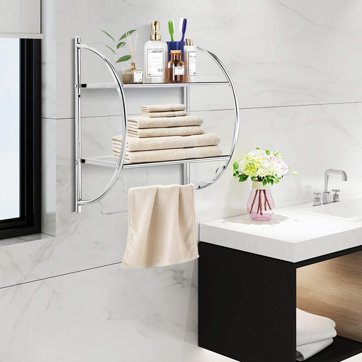 2-Tier Wall-Mounted Towel Organizer Rack with/2 Hanging Bars, Metal Bathroom Toilet Storage Shelf
