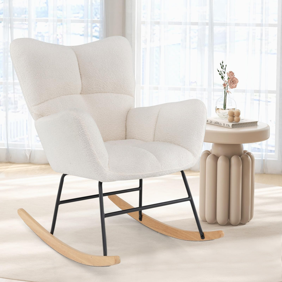 Teddy Fleece Fabric Upholstered Glider Chair Rocking Chair w/ Comfy Backrest