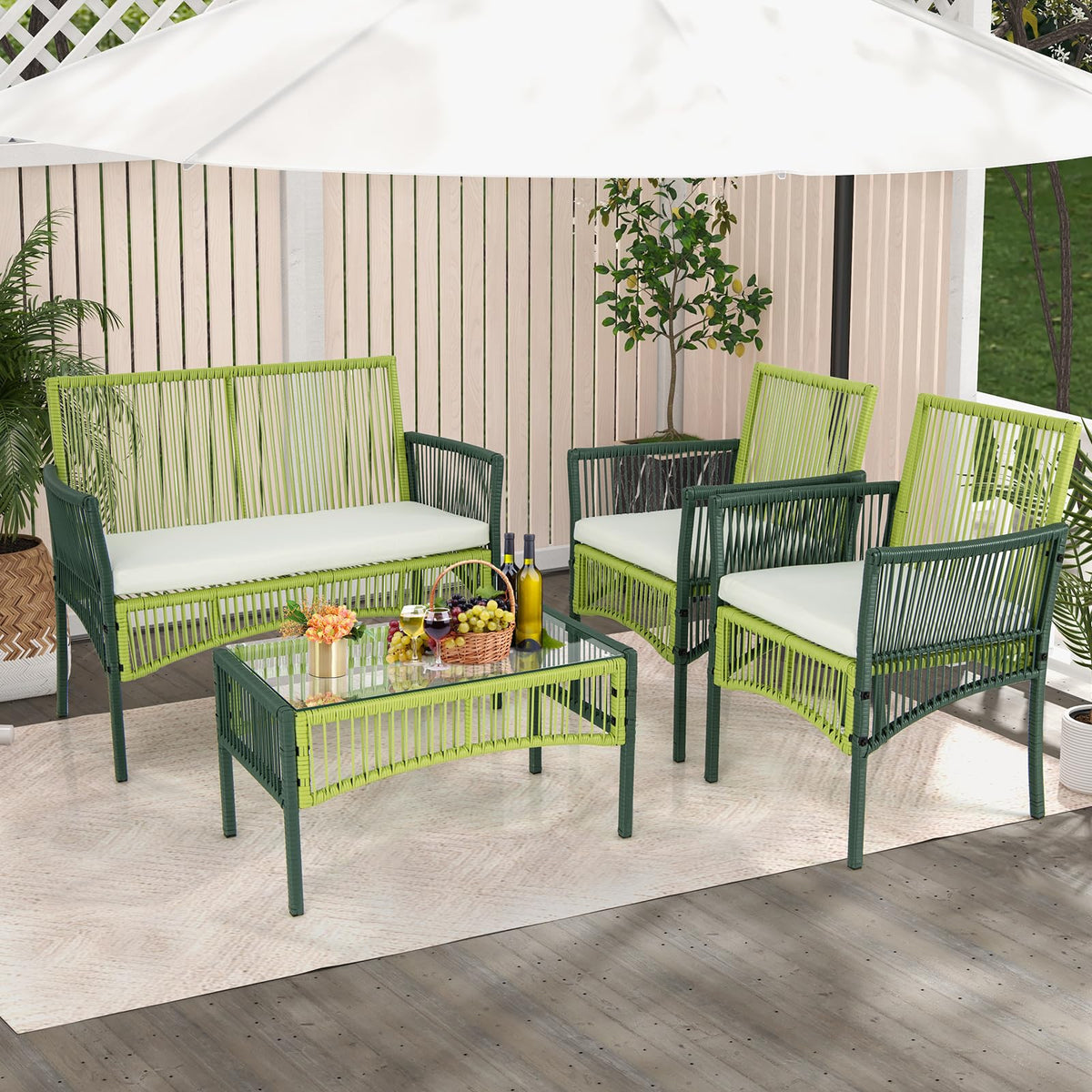 4 Piece Patio Round Wicker Conversation Set W/Soft Cushions