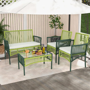 4 Piece Patio Round Wicker Conversation Set W/Soft Cushions