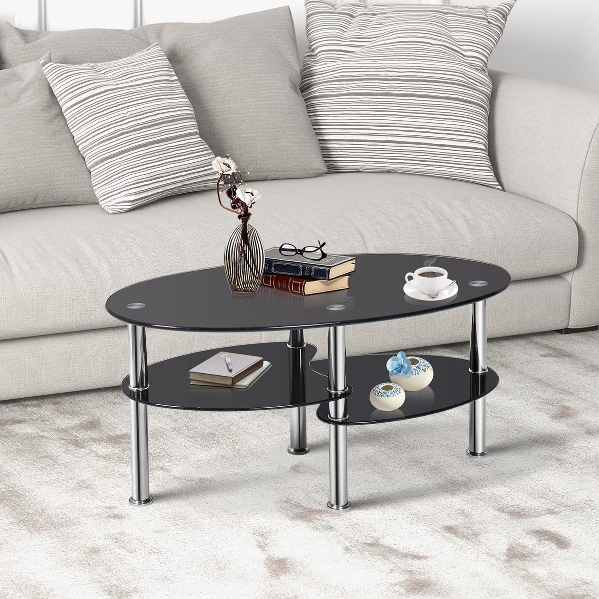 Giantex Tempered Glass Coffee Table, 3-Tire Modern Oval Tea Table, Smooth End Table with Open Storage Shelf