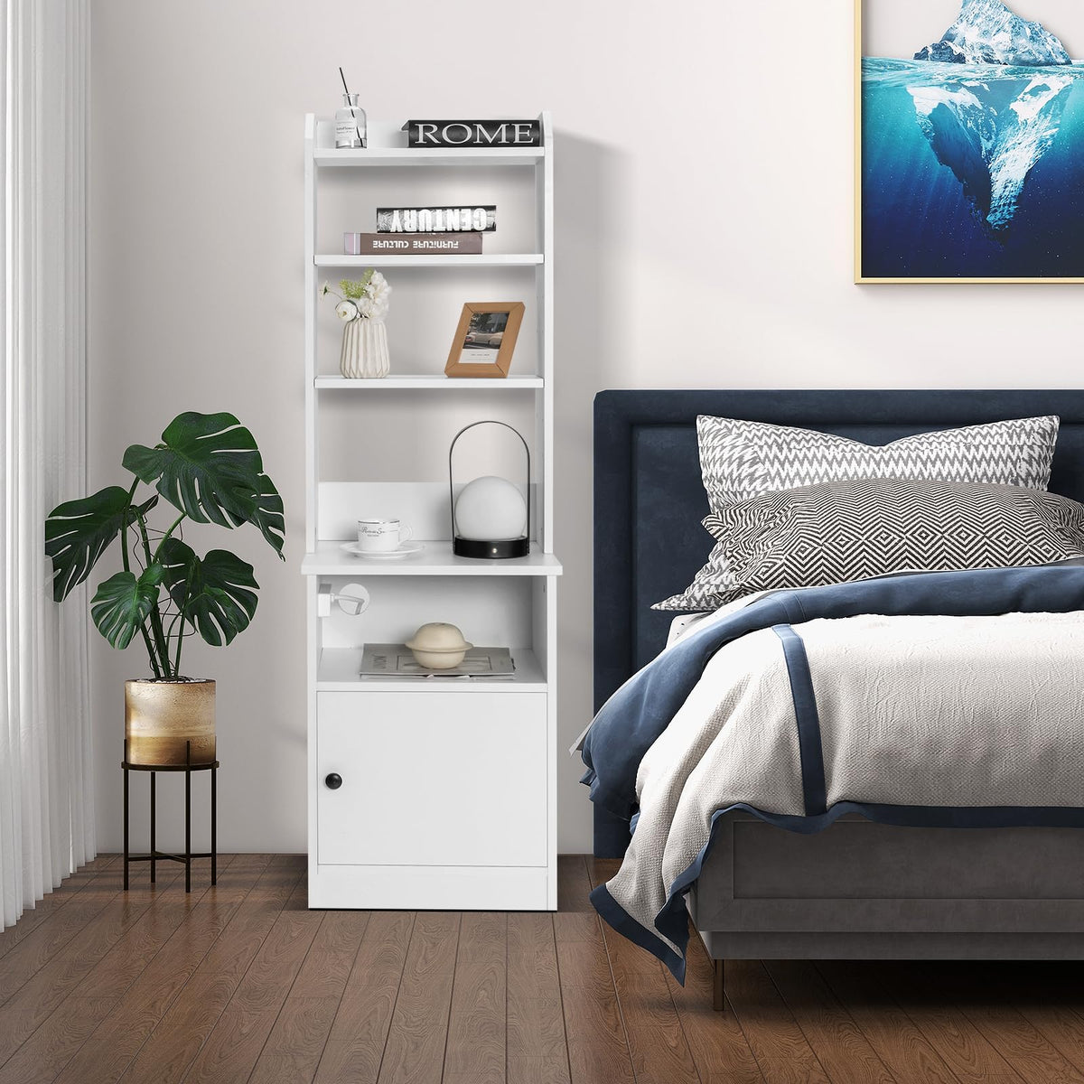 Tall Nightstand w/Built-in Charging Station, Bedside Tables Night Stands w/Shelf & Cabinet