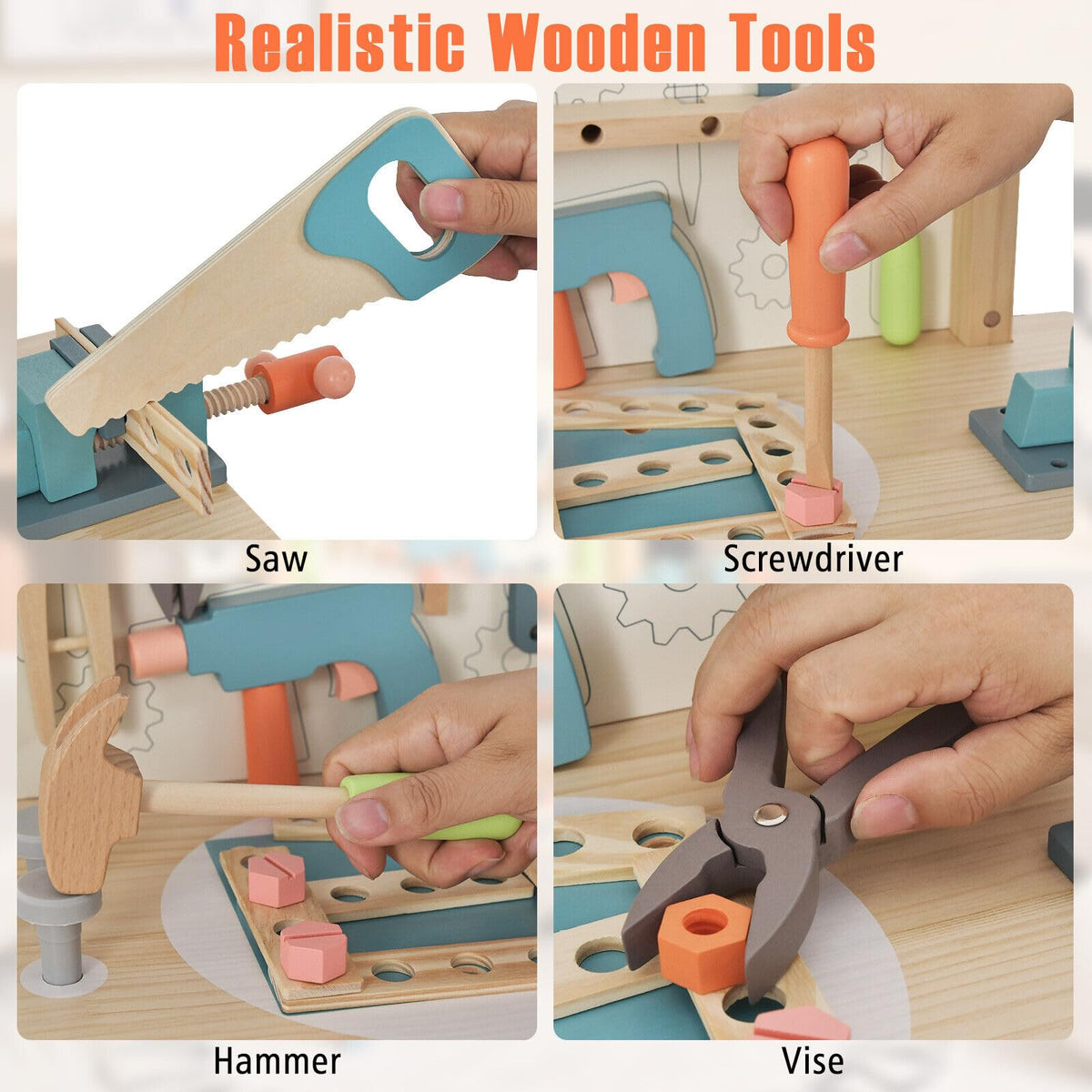 Kids Tool Bench, Wooden Pretend Workbench w/63 Toy Tools and Accessories