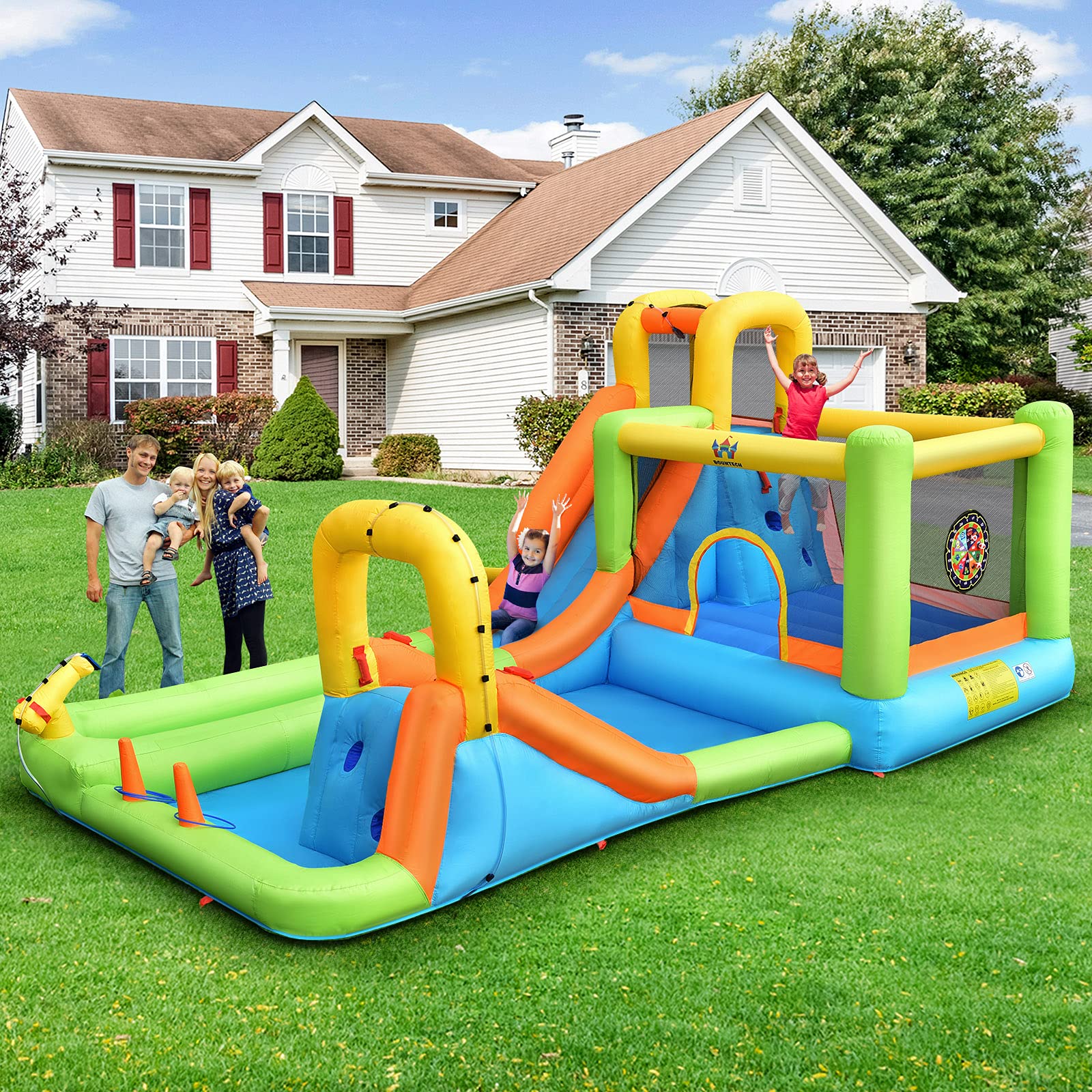 HONEY JOY 8 in 1 Inflatable Water Slide, Water Park w/Double Slides, Basketball Hoop, Water Gun