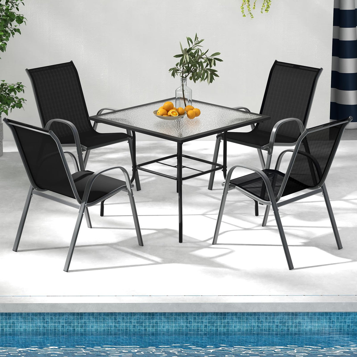 Set of 4 Outdoor Patio Chairs, Stackable Armchair with Weather-Resistant Fabric, Sturdy Steel Frame