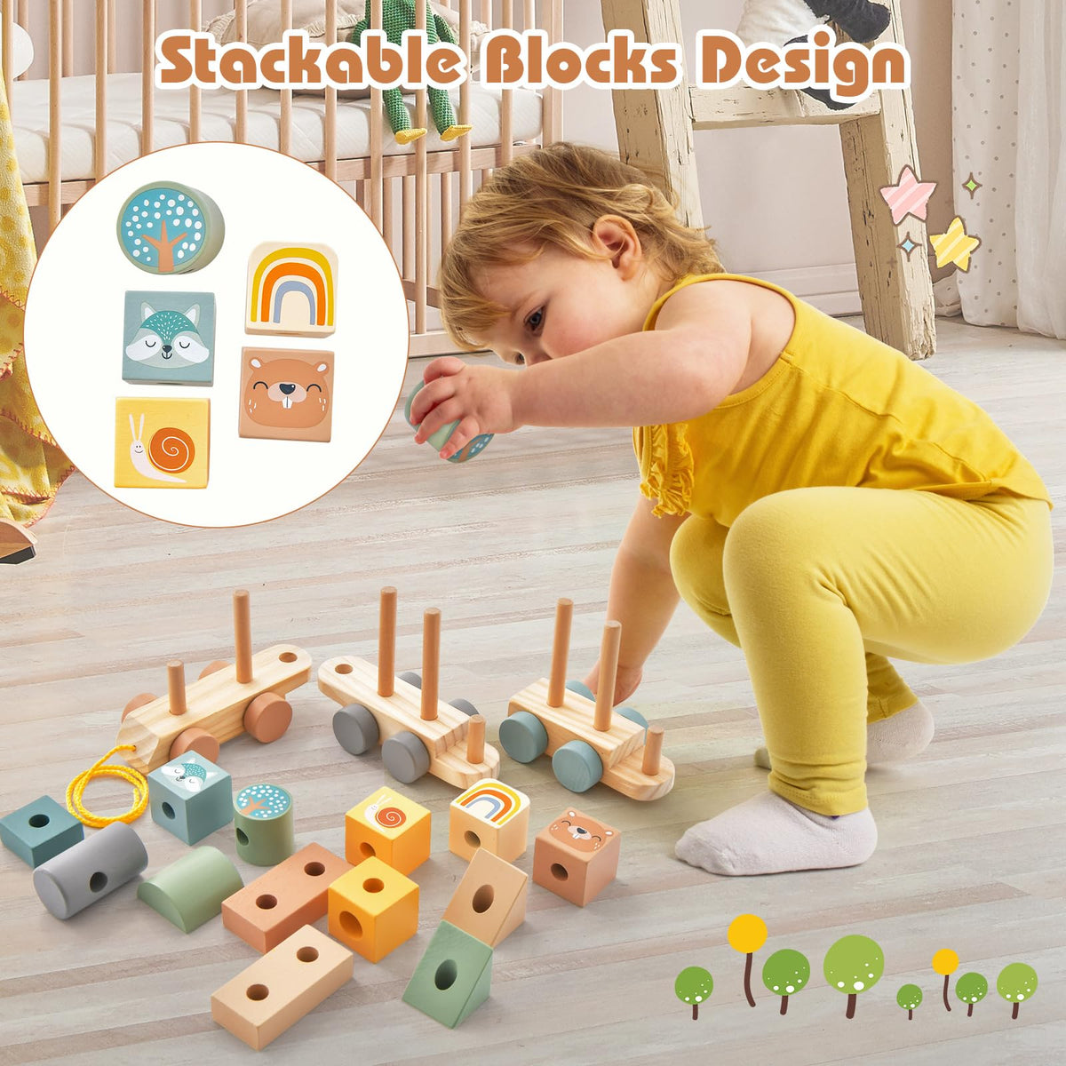 HONEY JOY Kids Toy Train Set, Children Wooden Train Set