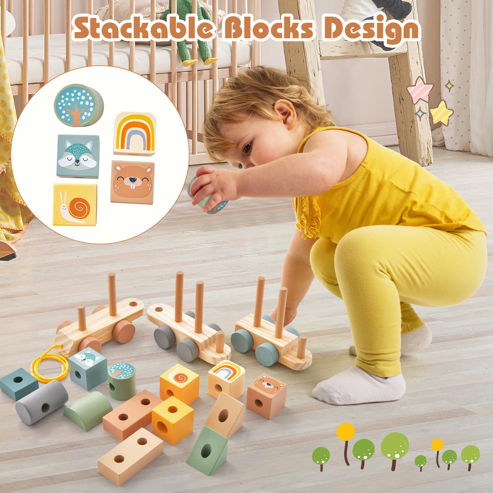 HONEY JOY Kids Toy Train Set, Children Wooden Train Set