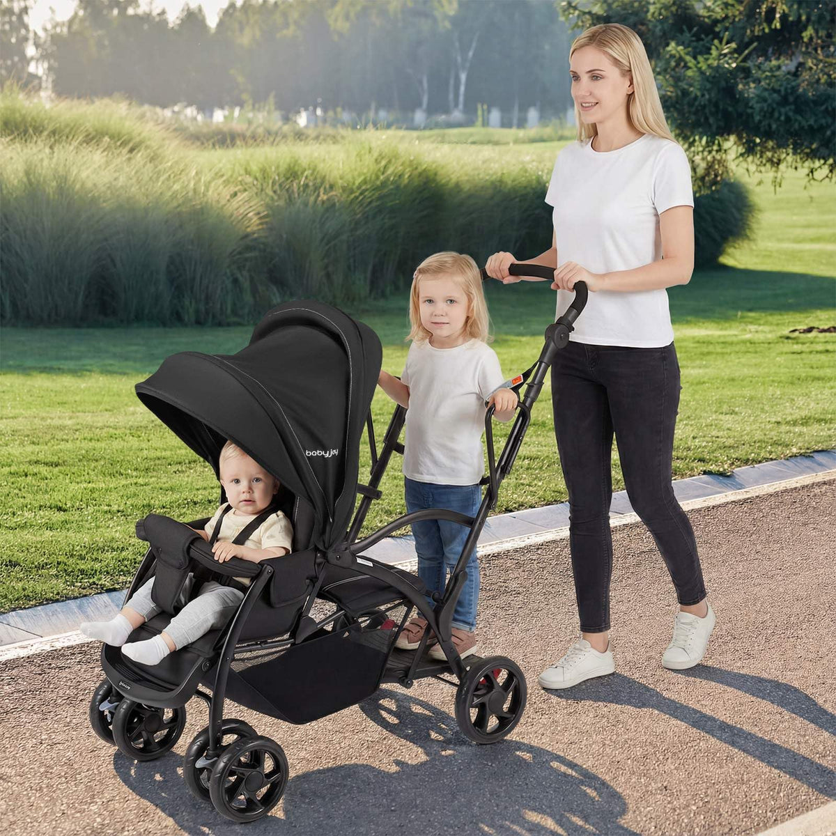 Foldable Double Stroller, Sit and Stand Stroller, with Wristband