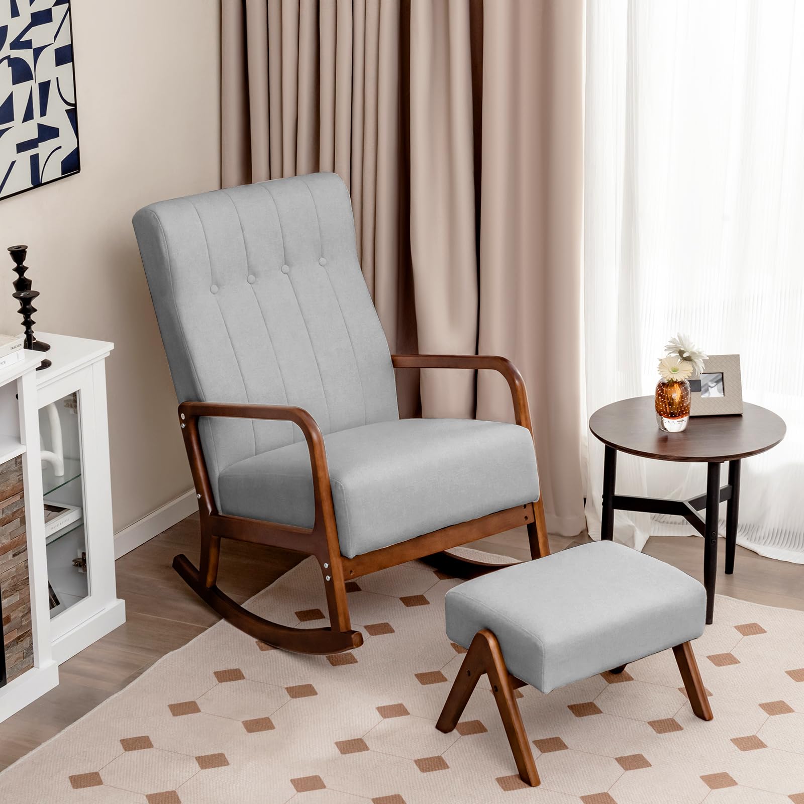 Giantex Rocking Chair with Ottoman, Upholstered Fabric Rocker with Solid Rubber Wood Frame & Padded Cushion