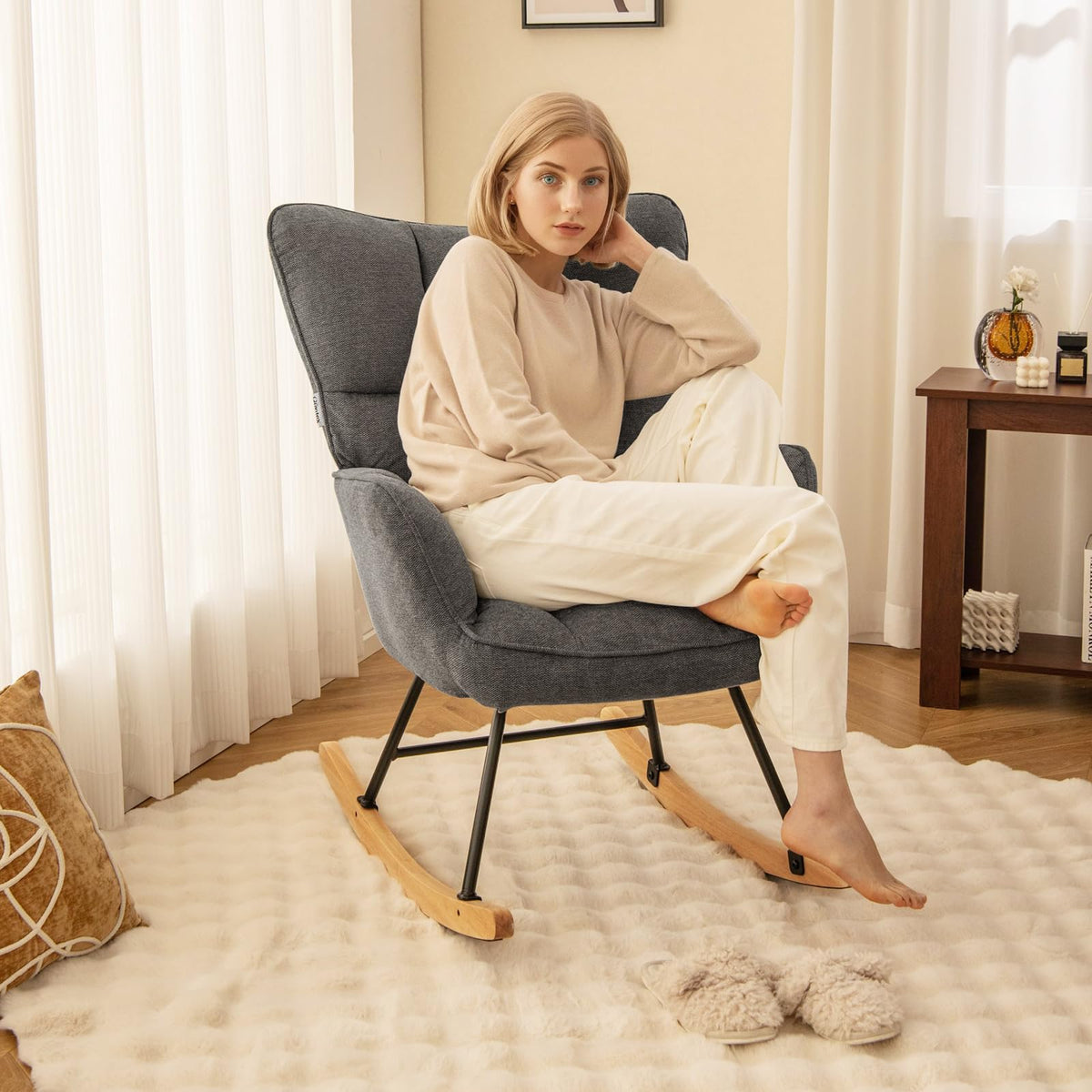 Giantex Linen Rocking Chair, Modern Accent Chair with Backrest, Padded Armrests & Seat