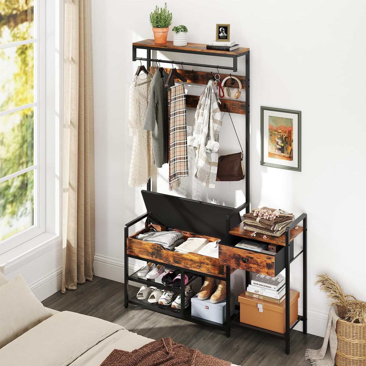 Hall Tree with Shoe Storage Bench, 178 cm Freestanding Coat Rack w/Shoe Rack