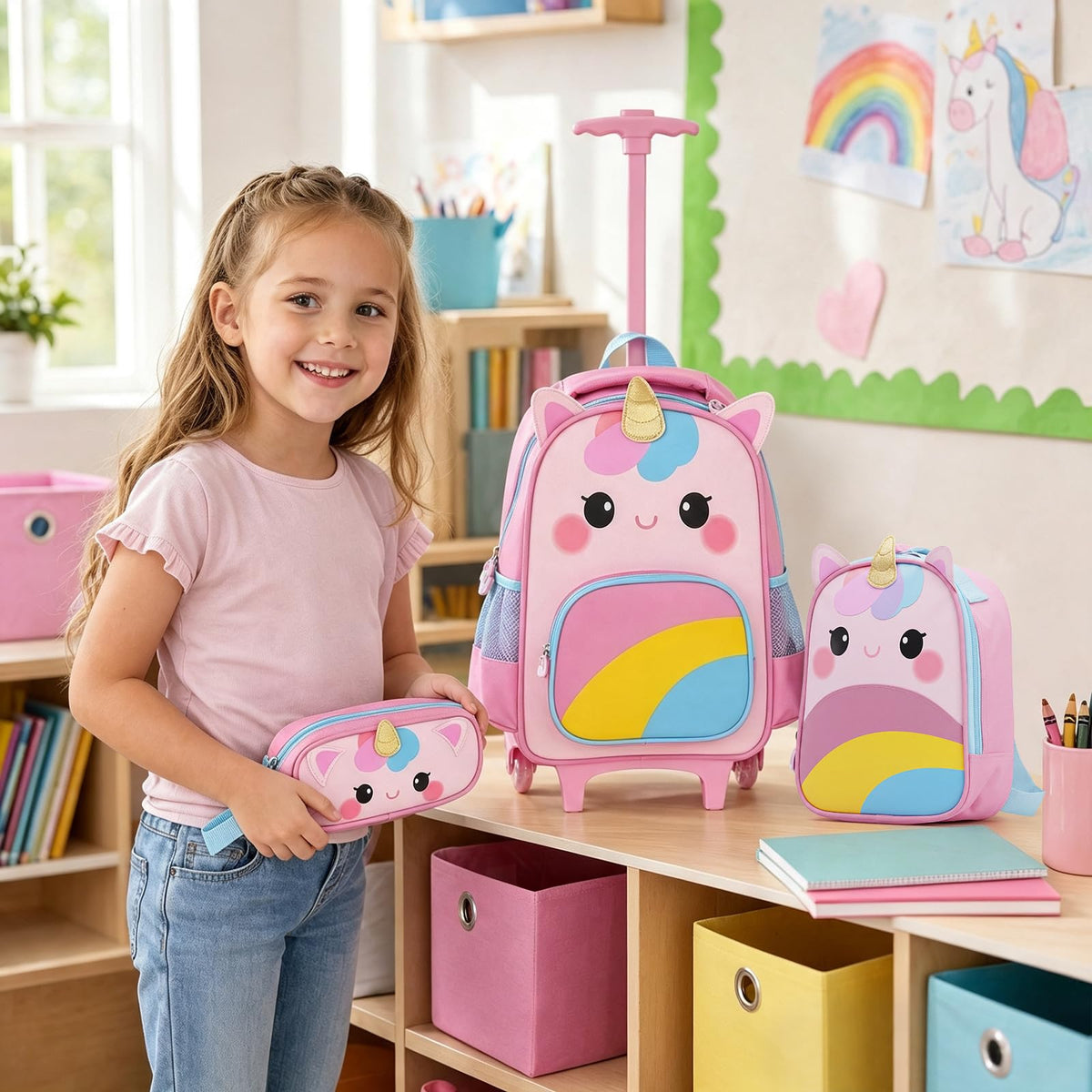 Wheeled Backpack with Lunch Box and Pencil Case, Travel Luggage for Kindergarten, Elementary Preschool Students