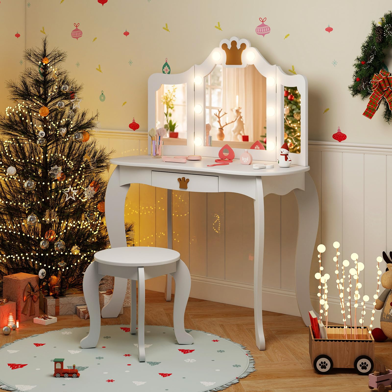 HONEY JOY Kids Vanity Set with 3-Color Adjustable Lighted Mirror