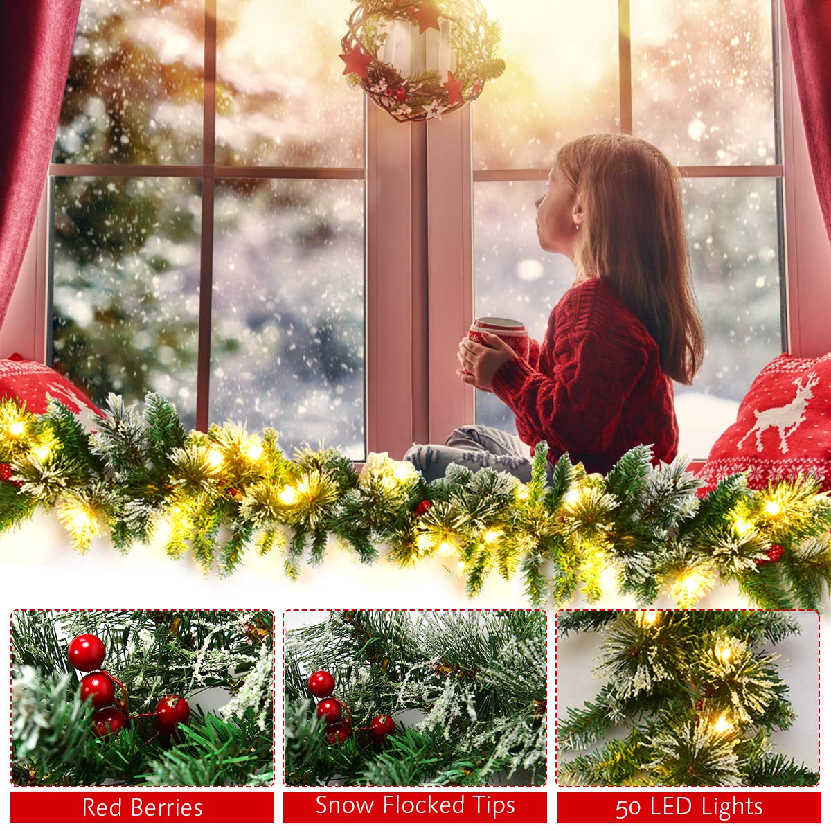 2.7M Christmas Garland, Pre-lit Artificial Xmas Garland, w/50 LED Lights