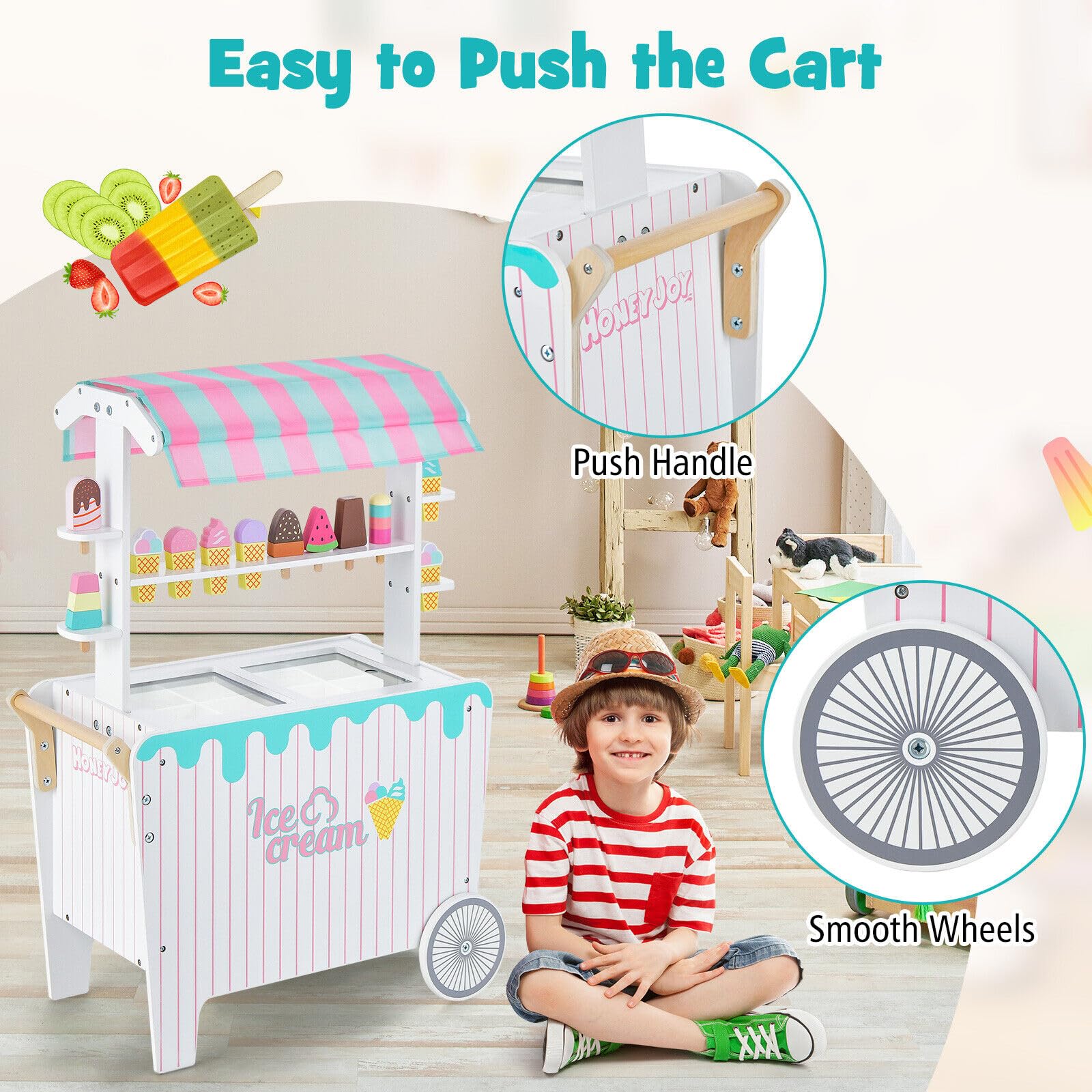 Ice Cream and Food Trunk Toy with 2 Large Wheels for Kids