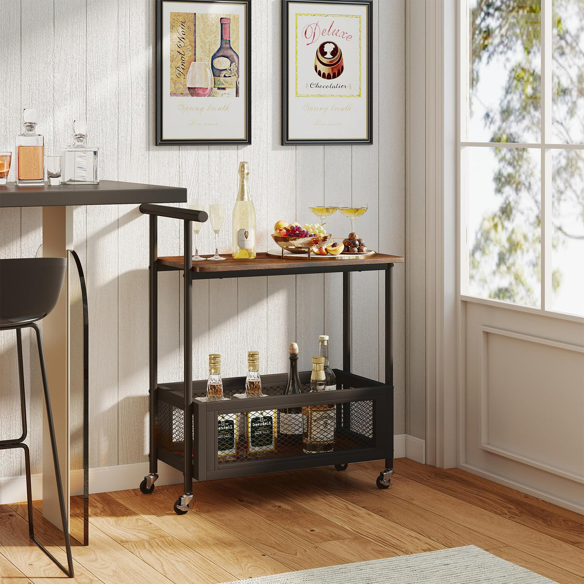 Rolling End Table with Handle, 2-Tier Sofa Side Table with Open Shelf & Mesh Basket