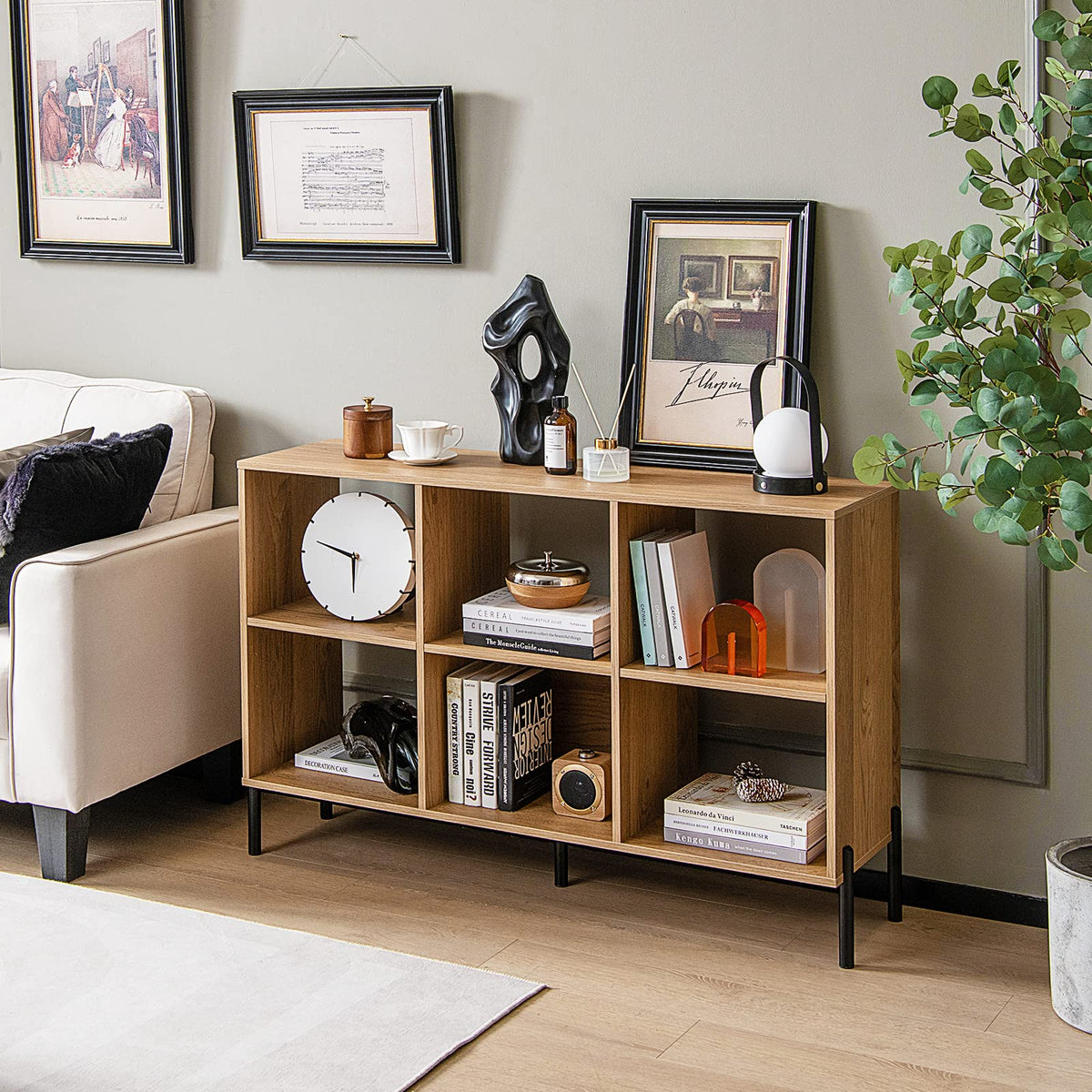 6-Cube Wooden Open Bookshelf with 5 Metal Legs