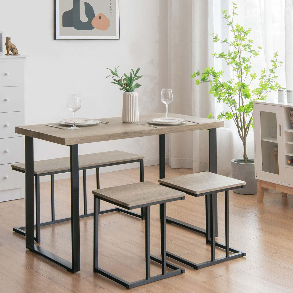 4 Piece Dining Table Set, Counter Height Table Set w/One Long Bench & Two Stools for 4