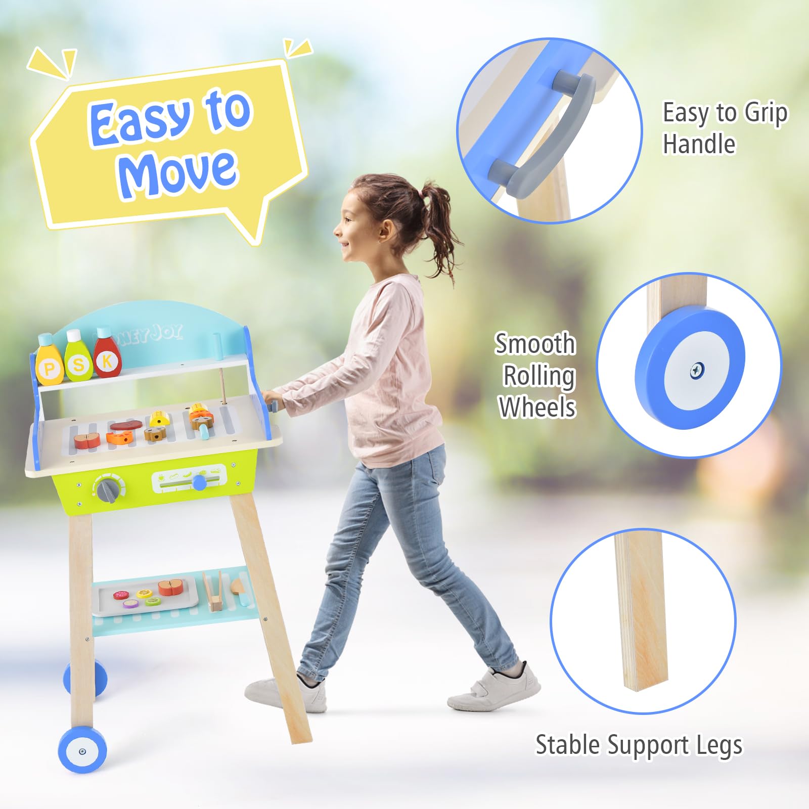 HONEY JOY Kids Pretend Barbecue Grill Play Set, Toy BBQ Grill Set w/ Wooden Grilling Tools & Play Food