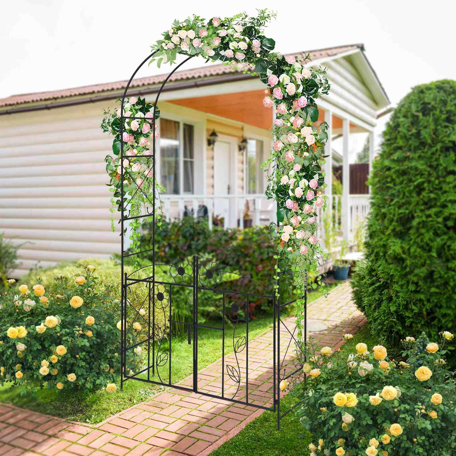 2 in 1 Garden Arbor, Decorative Wedding Arch w/ Door & Latch, Trellis for Climbing Plants