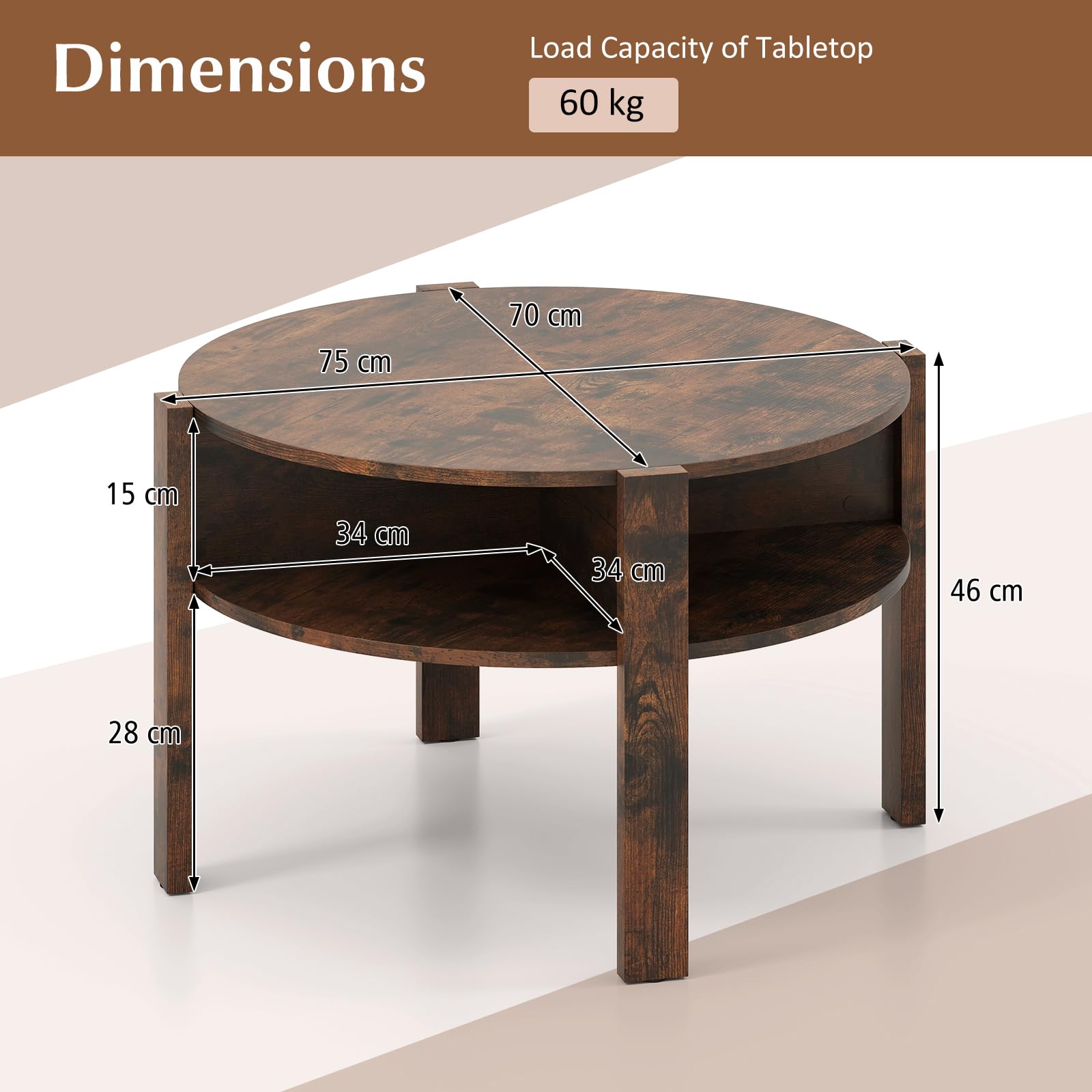 2-Tier Round Coffee Table w/Storage, 75 cm Tea Cocktail Table w/ 4 Shelves