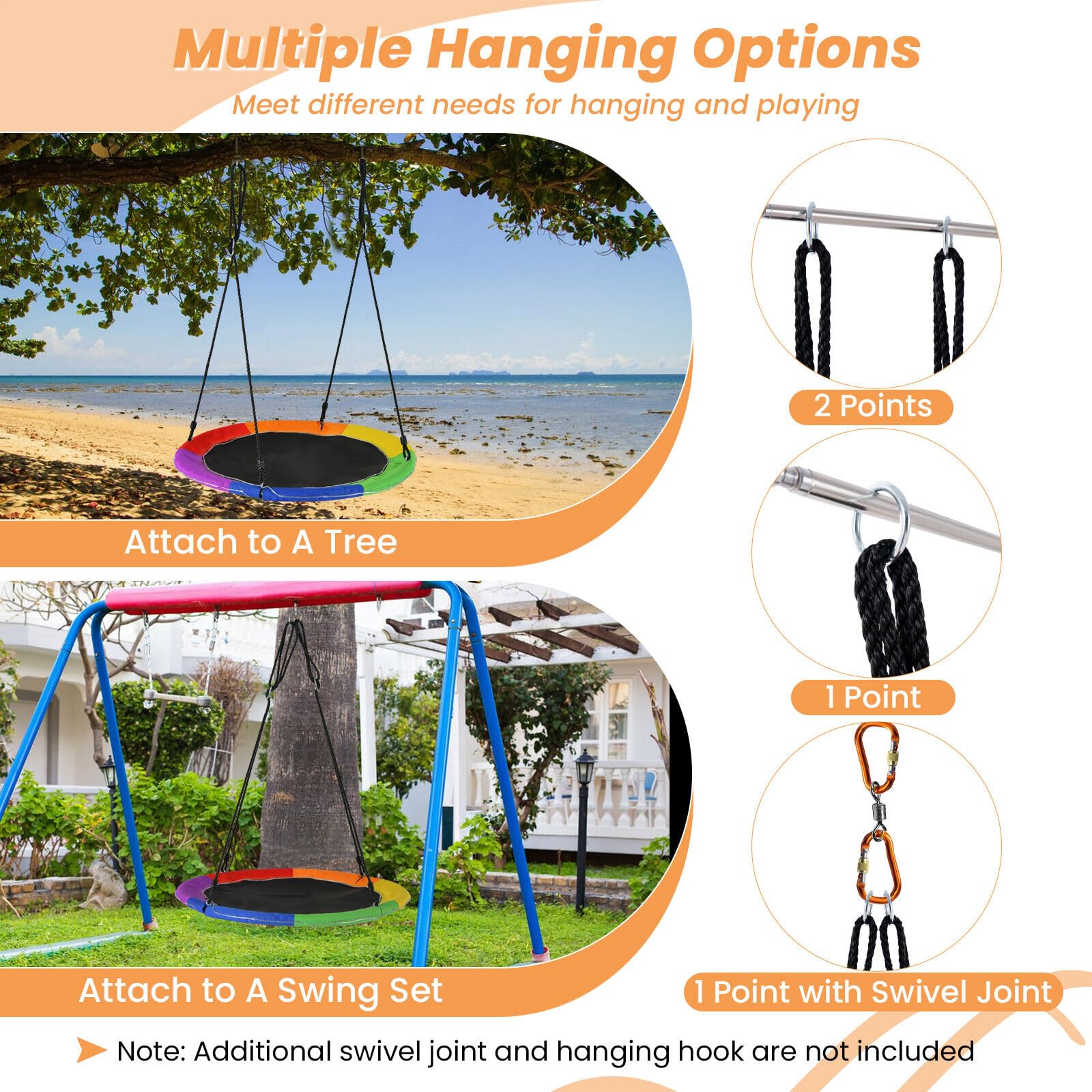 40”/100CM Saucer Tree Swing with LED Lights, Indoor Outdoor Saucer Swing for Kids Adults w/Adjustable Multi-Strand Hanging Ropes