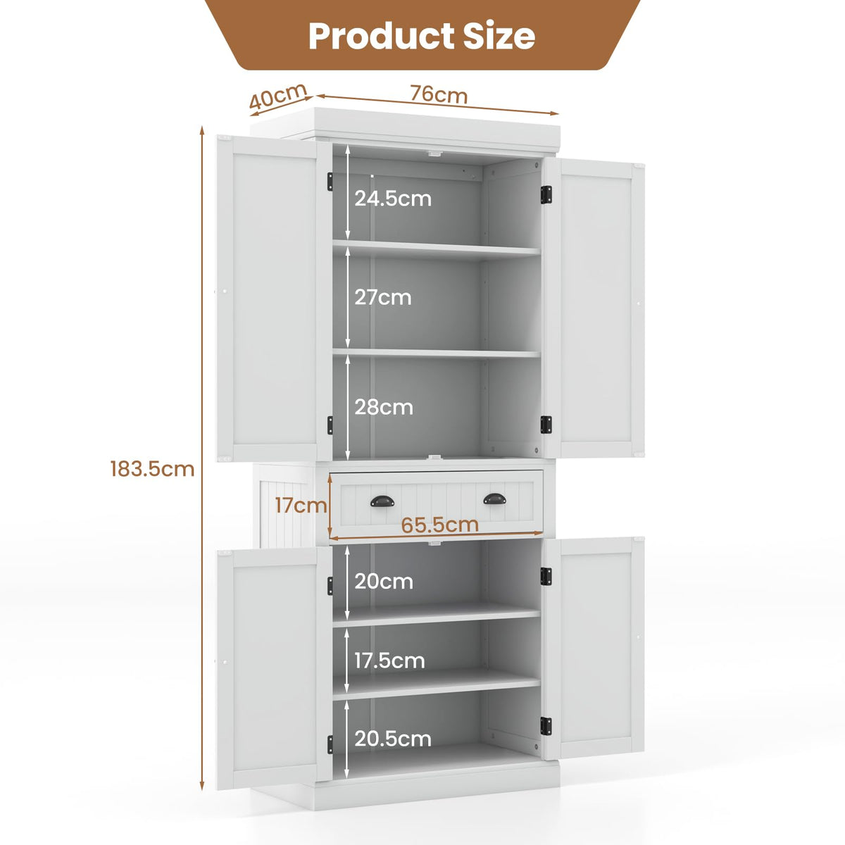 183.5CM Kitchen Pantry Storage Cabinet, Tall Freestanding Cupboard