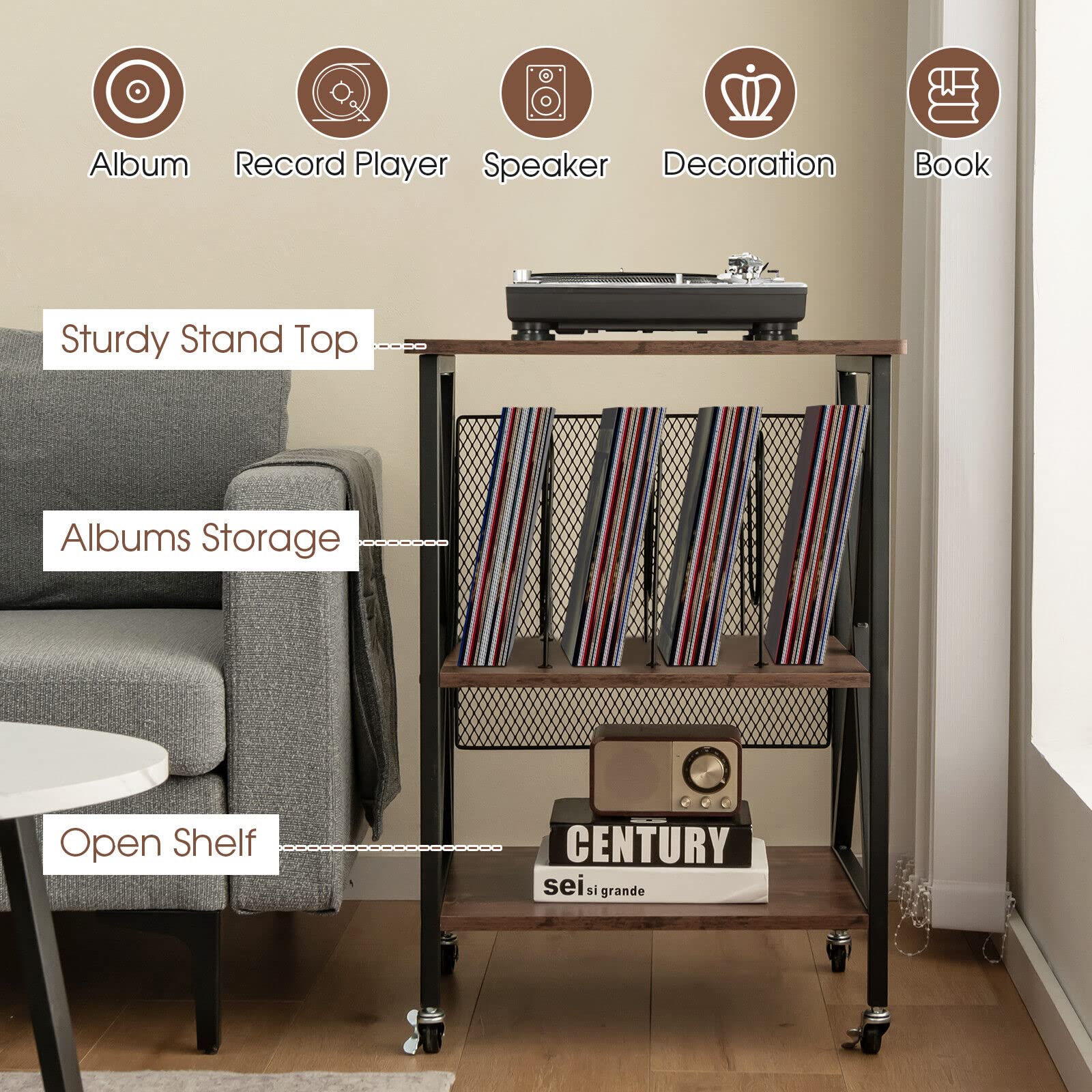 Giantex 3-Tier End Table, Rolling Turntable Stand, Rustic Vinyl Record Storage Holder w/ 3 Dividers for Albums