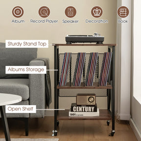 Giantex 3-Tier End Table, Rolling Turntable Stand, Rustic Vinyl Record Storage Holder w/ 3 Dividers for Albums