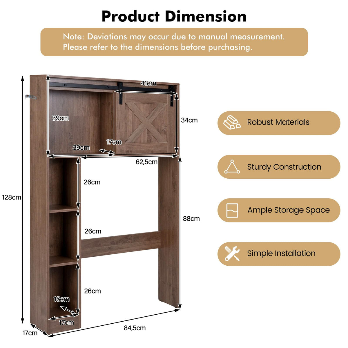 Over The Toilet Storage Cabinet, Freestanding Bathroom Organizer with Sliding Barn Door & Shelves