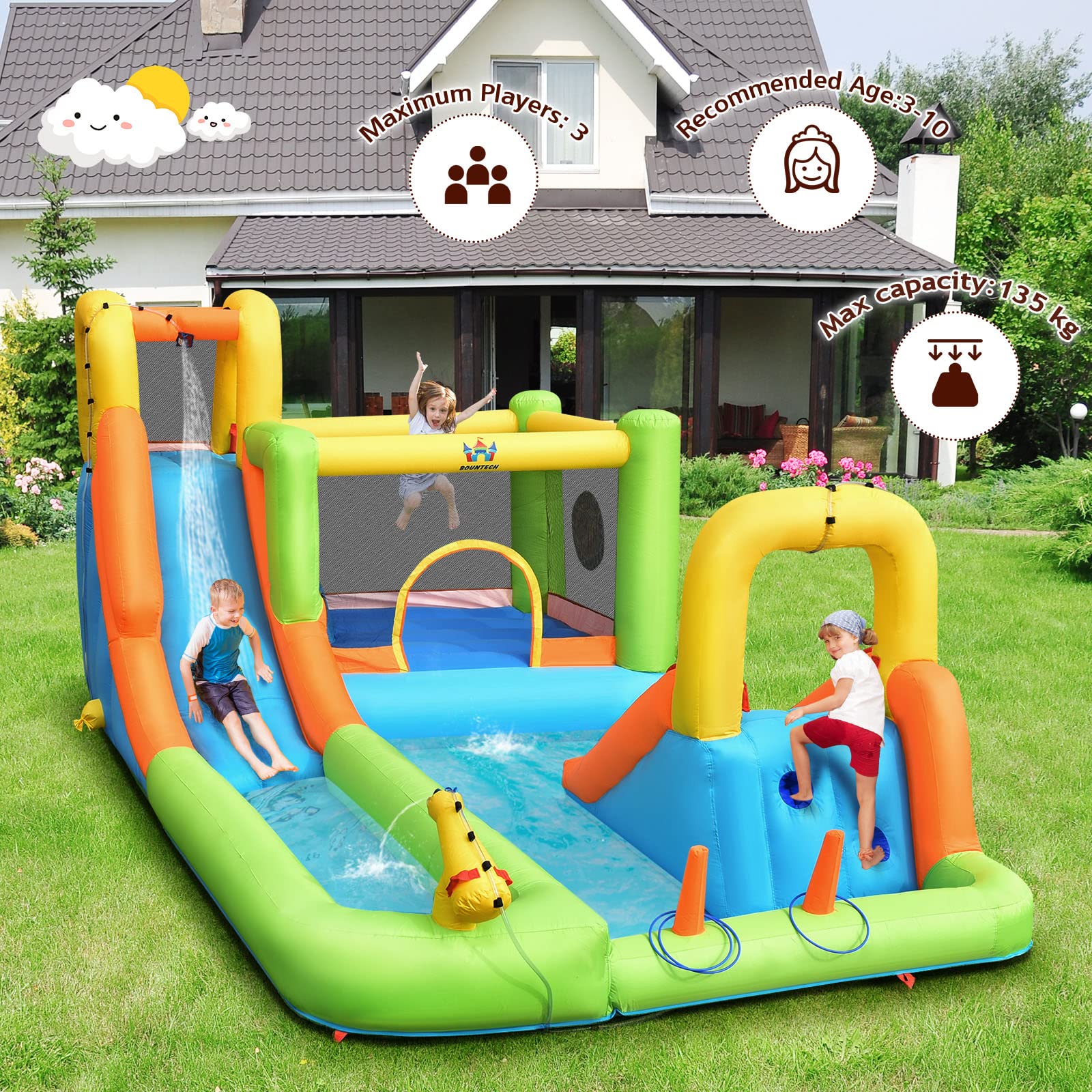 HONEY JOY 8 in 1 Inflatable Water Slide, Water Park w/Double Slides, Basketball Hoop, Water Gun
