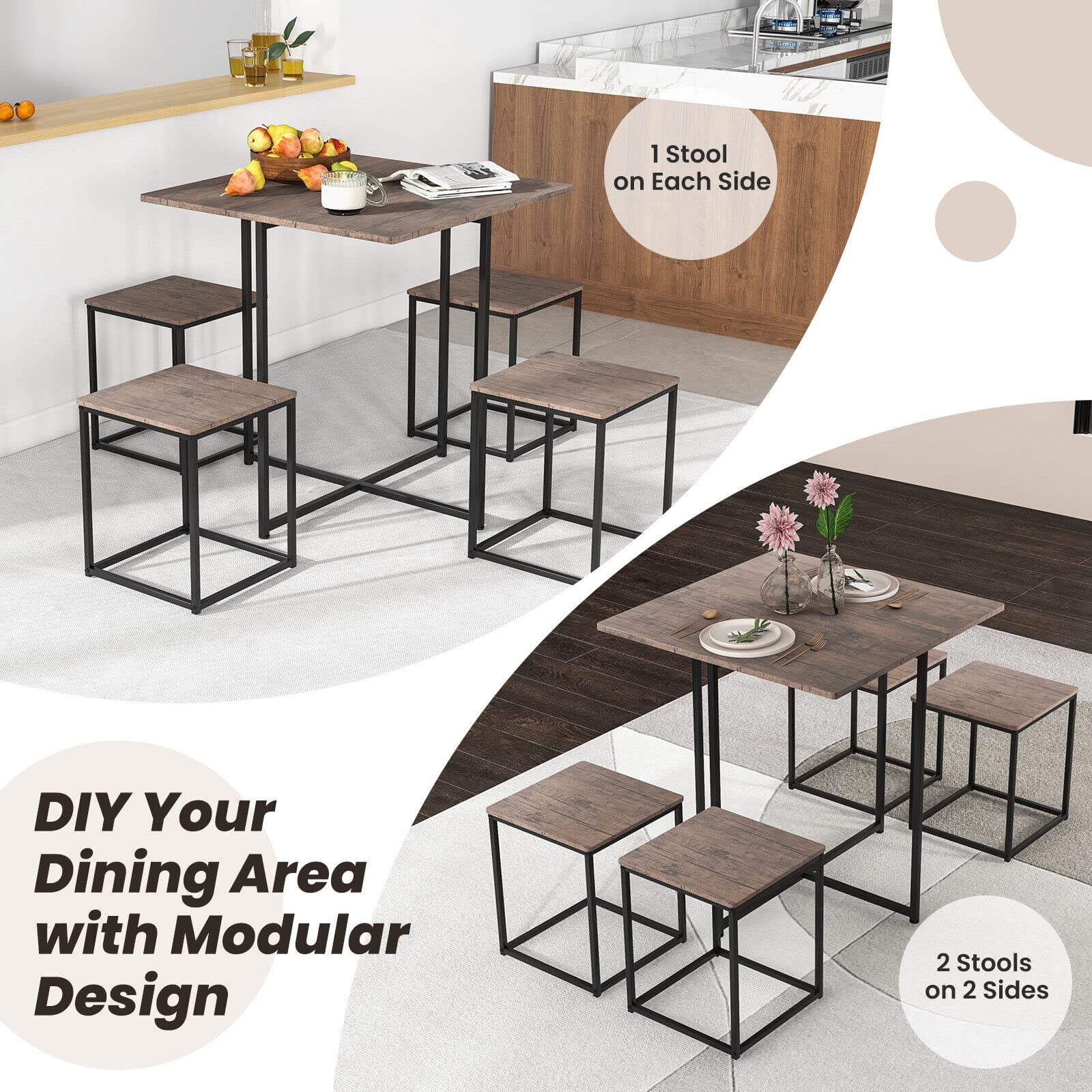 Giantex 5 Piece Dining Table and Chair Set, Industrial Kitchen Table Set with 4 Stools , Gray