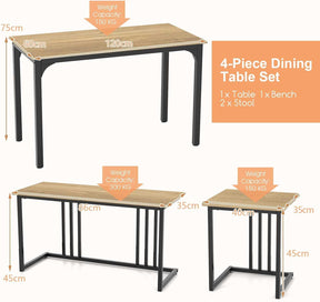 4 Piece Dining Table Set, Counter Height Table Set w/One Long Bench & Two Stools for 4