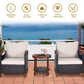 3 Piece Patio Sofa Set, 2 Rattan Chairs w/ 2-Tier Coffee Table