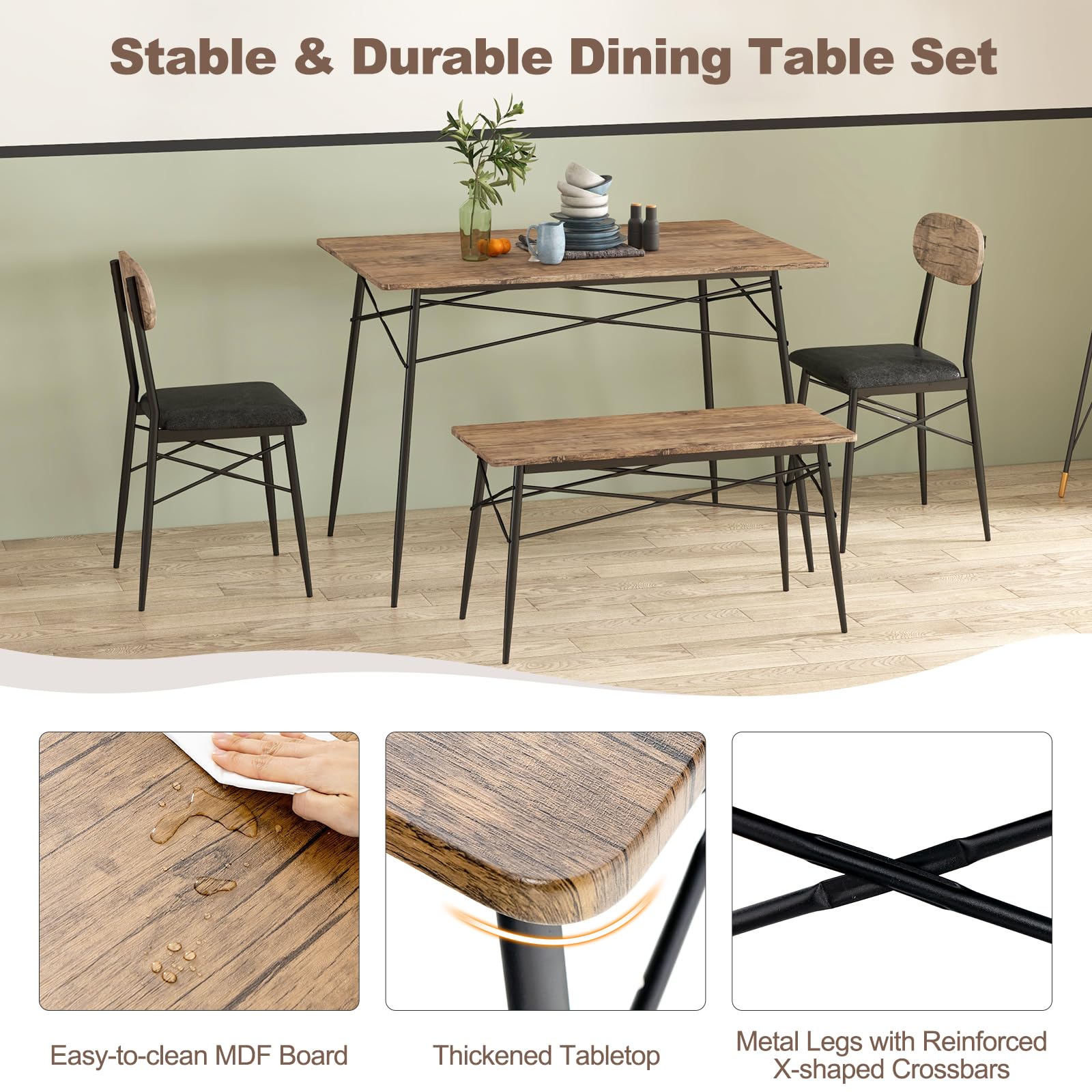 Giantex 4 Piece Dining Table Set w/Bench & 2 Chairs