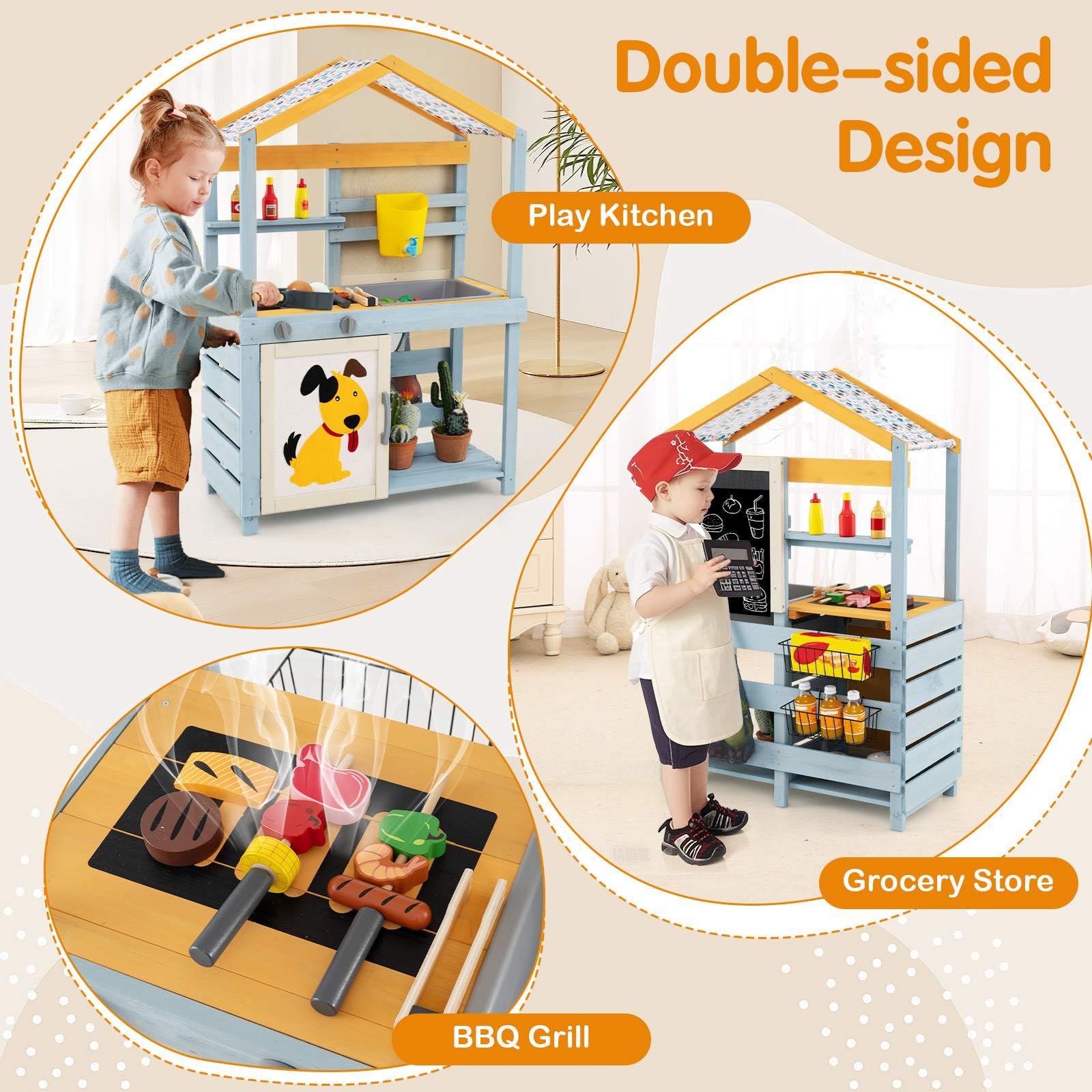 2 in 1 Wooden Mud Kitchen, Double Sided Outdoor Play Kitchen & Grocery Store w/Removable Water Box & Sink