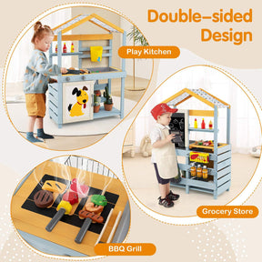 2 in 1 Wooden Mud Kitchen, Double Sided Outdoor Play Kitchen & Grocery Store w/Removable Water Box & Sink